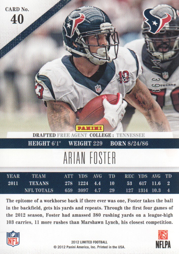 2012 Limited #40 Arian Foster back image