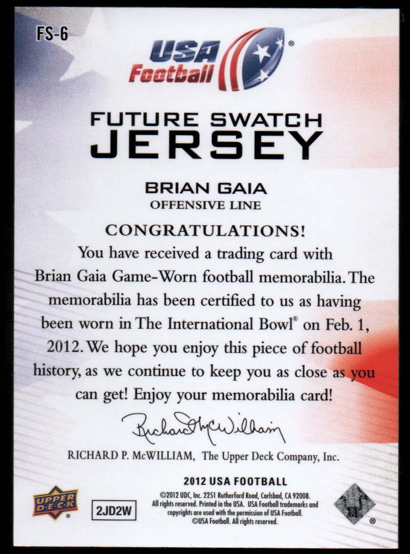 2012 Upper Deck USA Football Future Swatch #FS6 Brian Gaia back image