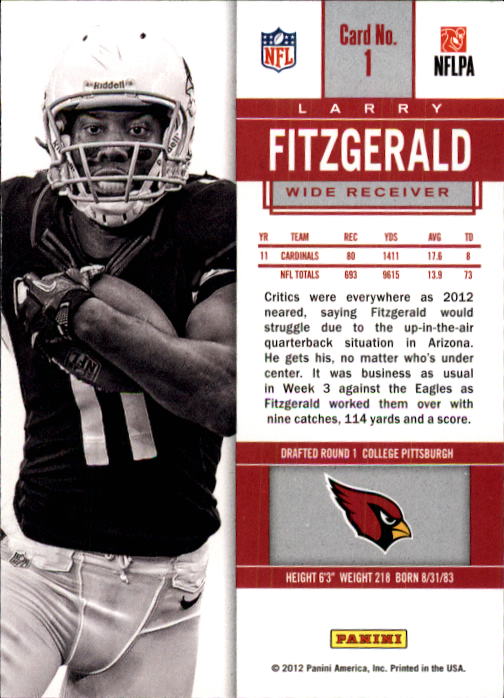 2012 Panini Contenders #1 Larry Fitzgerald back image