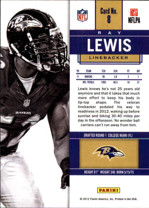 2012 Panini Contenders #8 Ray Lewis back image