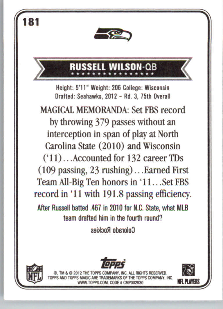 2012 Topps Magic #181 Russell Wilson RC back image