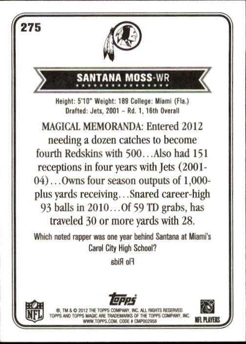 2012 Topps Magic #275 Santana Moss back image