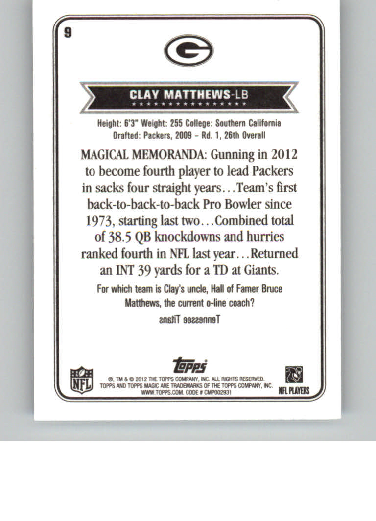 2012 Topps Magic Mini #9 Clay Matthews back image