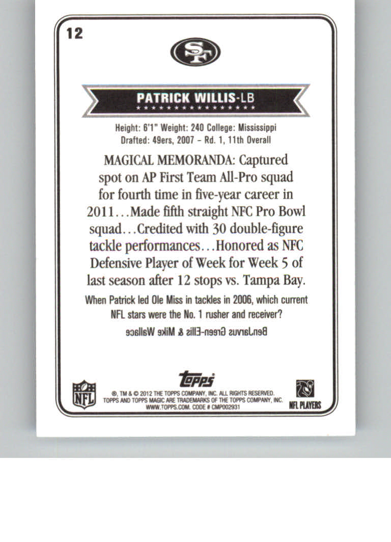 2012 Topps Magic Mini #12 Patrick Willis back image
