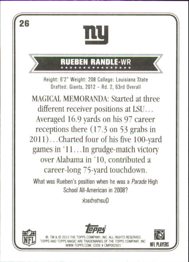 2012 Topps Magic Mini #26 Rueben Randle back image