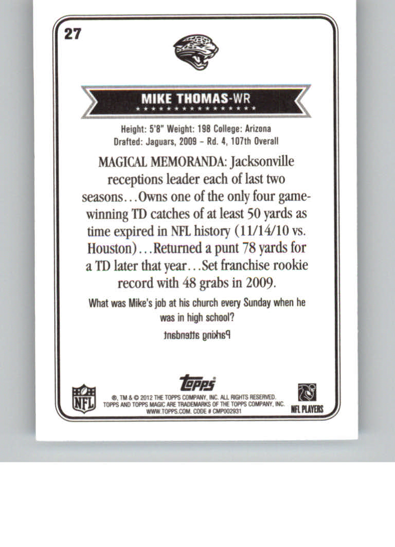 2012 Topps Magic Mini #27 Mike Thomas back image