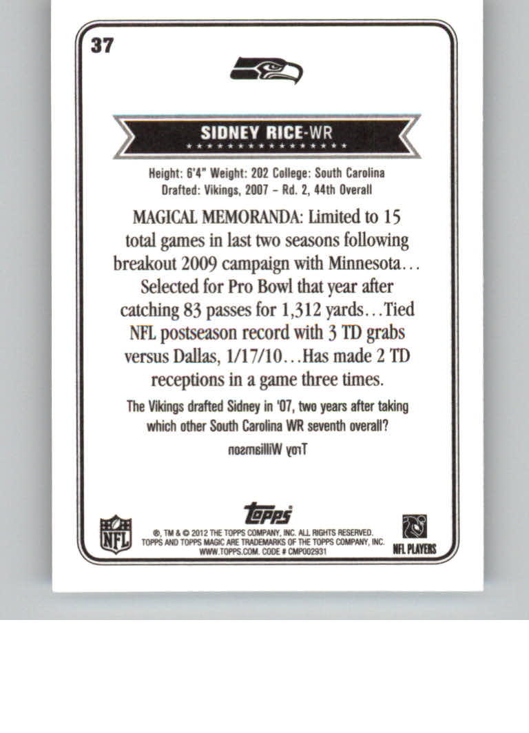 2012 Topps Magic Mini #37 Sidney Rice back image