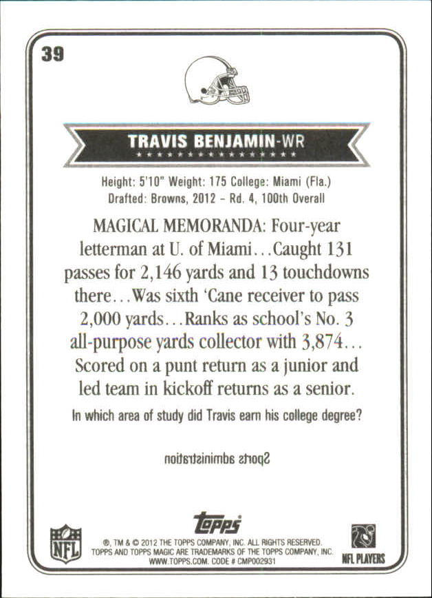 2012 Topps Magic Mini #39 Travis Benjamin back image