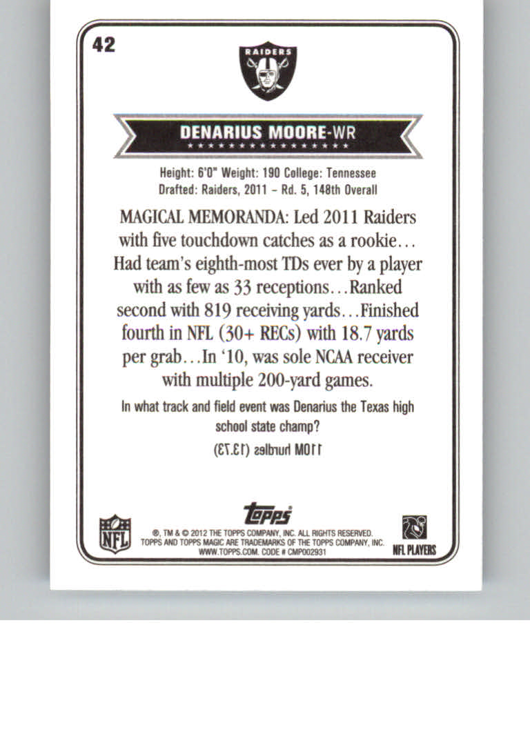 2012 Topps Magic Mini #42 Denarius Moore back image