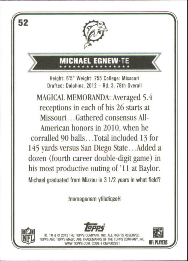 2012 Topps Magic Mini #52 Michael Egnew back image