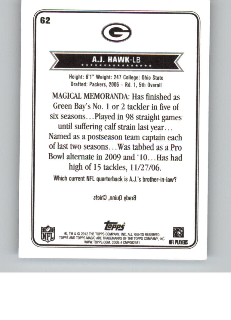 2012 Topps Magic Mini #62 A.J. Hawk back image
