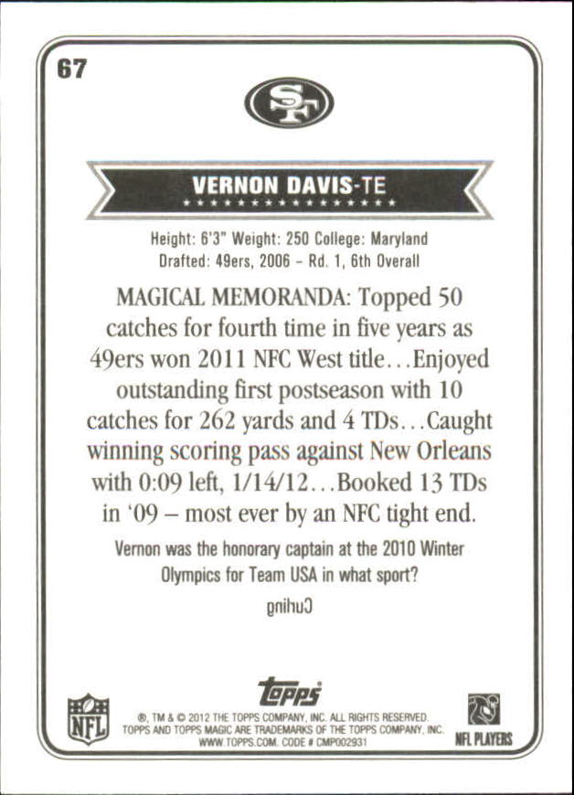 2012 Topps Magic Mini #67 Vernon Davis back image