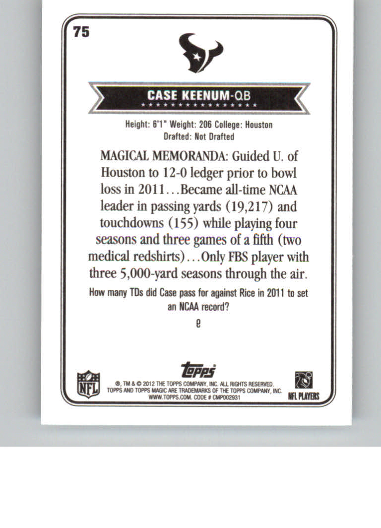 2012 Topps Magic Mini #75 Case Keenum back image