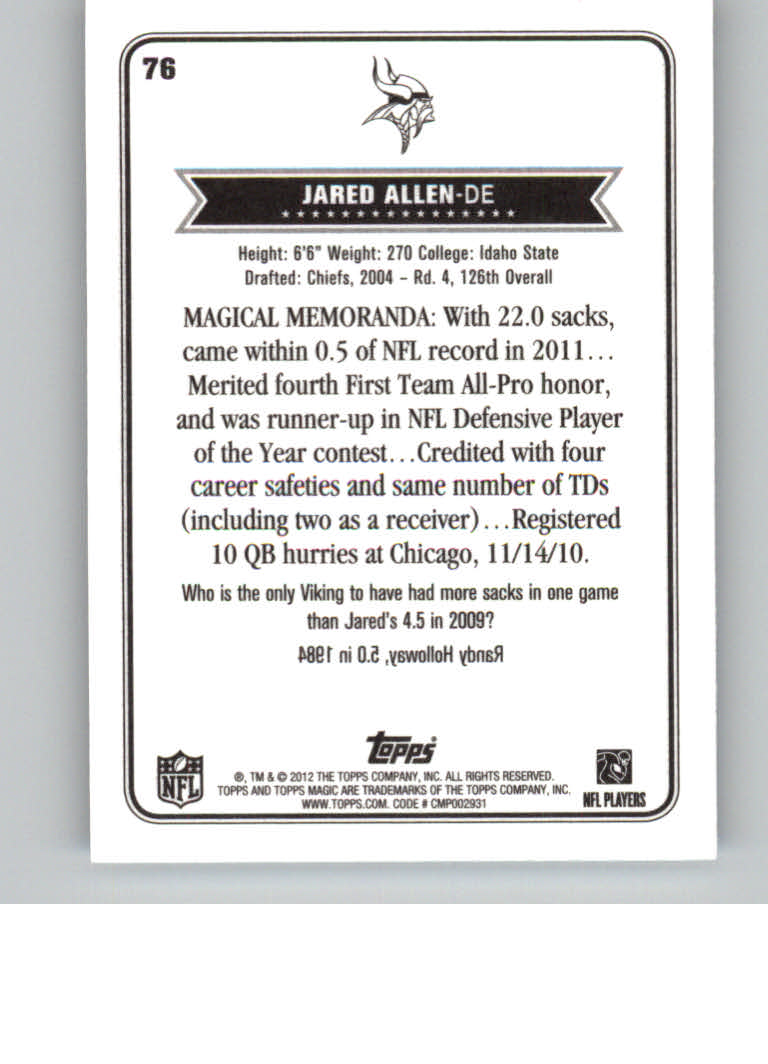 2012 Topps Magic Mini #76 Jared Allen back image