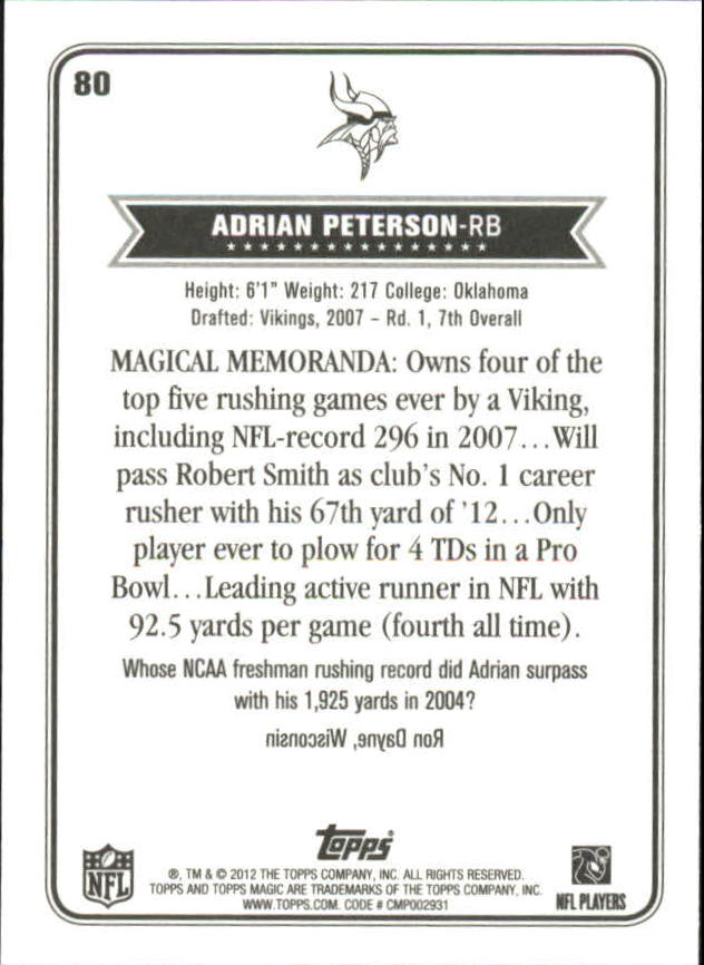 2012 Topps Magic Mini #80 Adrian Peterson back image