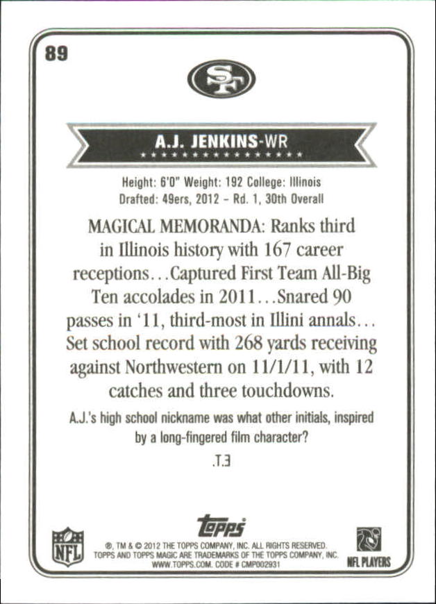 2012 Topps Magic Mini #89 A.J. Jenkins back image