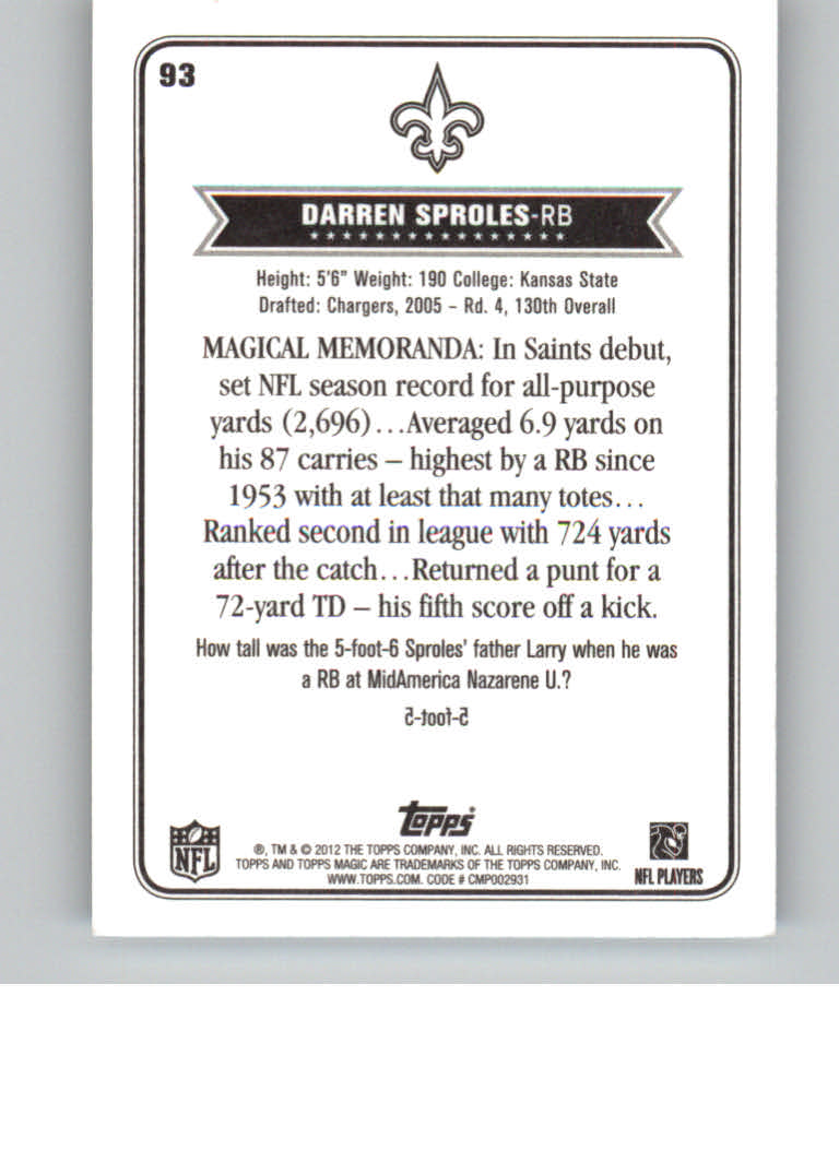 2012 Topps Magic Mini #93 Darren Sproles back image