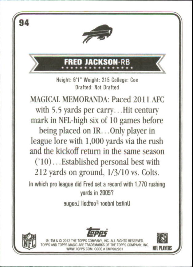 2012 Topps Magic Mini #94 Fred Jackson back image