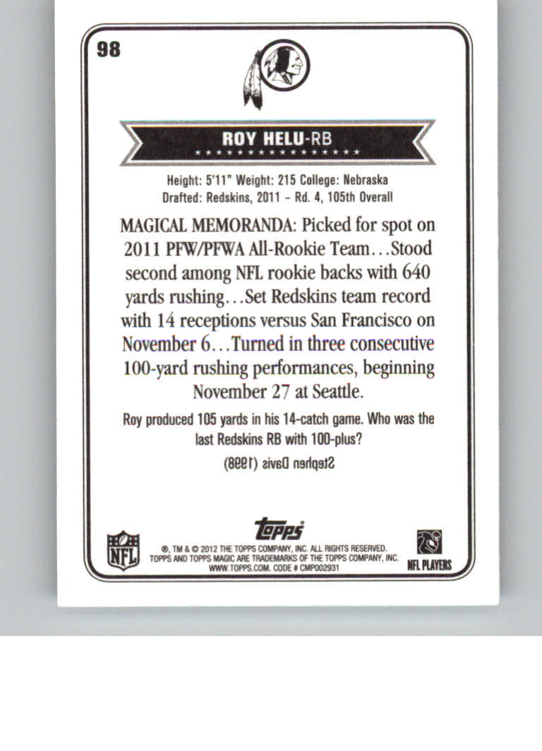 2012 Topps Magic Mini #98 Roy Helu back image