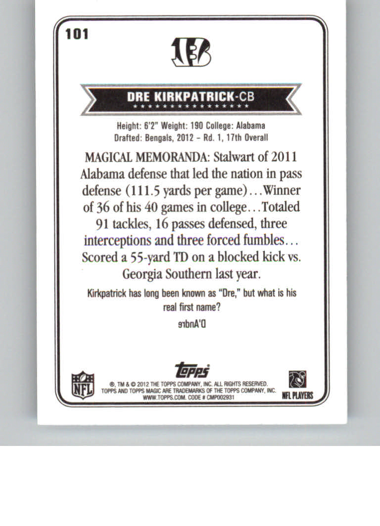 2012 Topps Magic Mini #101 Dre Kirkpatrick back image