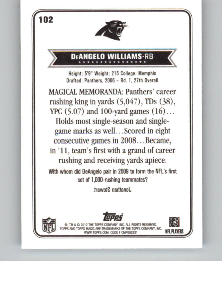 2012 Topps Magic Mini #102 DeAngelo Williams back image