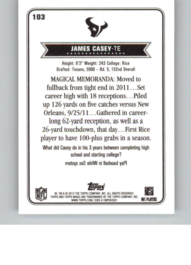 2012 Topps Magic Mini #103 James Casey back image