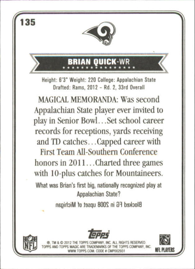 2012 Topps Magic Mini #135 Brian Quick back image