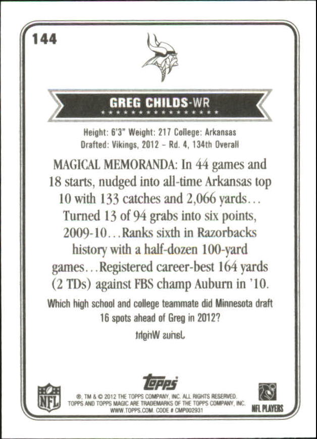 2012 Topps Magic Mini #144 Greg Childs back image