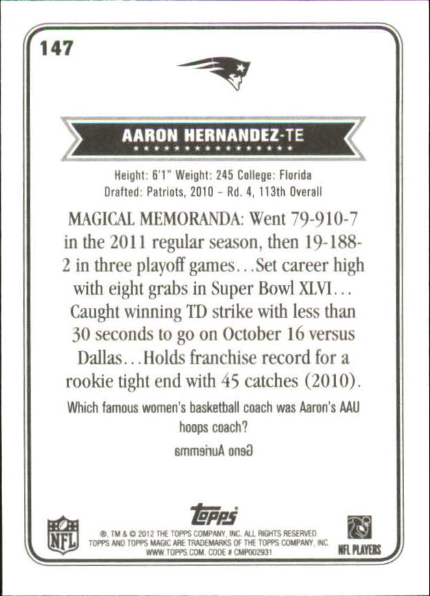 2012 Topps Magic Mini #147 Aaron Hernandez back image