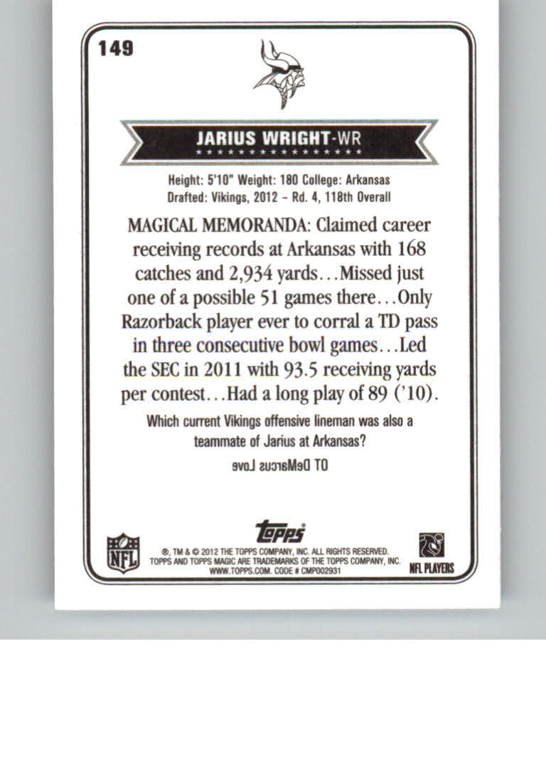 2012 Topps Magic Mini #149 Jarius Wright back image