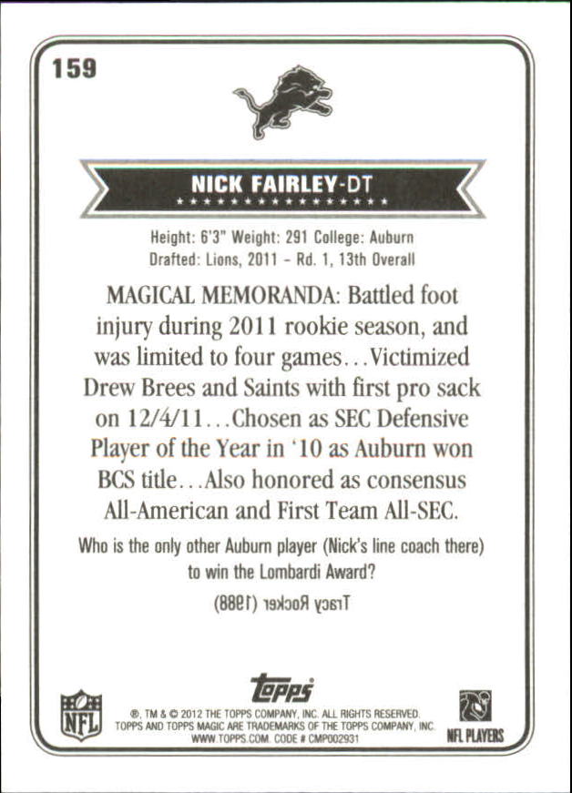 2012 Topps Magic Mini #159 Nick Fairley back image
