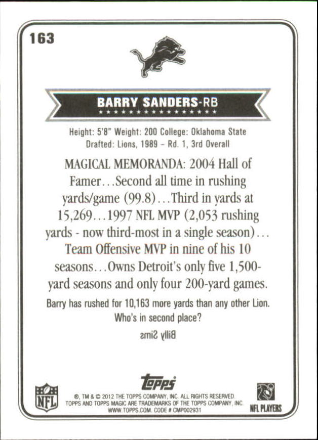 2012 Topps Magic Mini #163 Barry Sanders back image