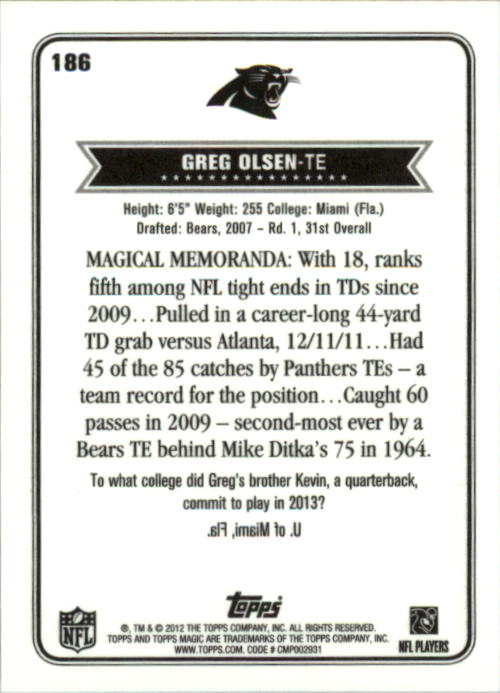2012 Topps Magic Mini #186 Greg Olsen back image