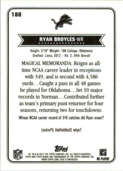 2012 Topps Magic Mini #188 Ryan Broyles back image