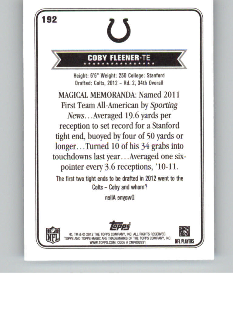 2012 Topps Magic Mini #192 Coby Fleener back image