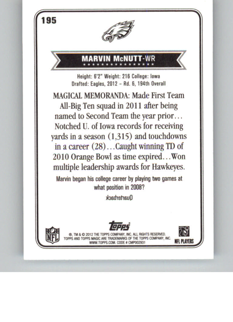 2012 Topps Magic Mini #195 Marvin McNutt back image