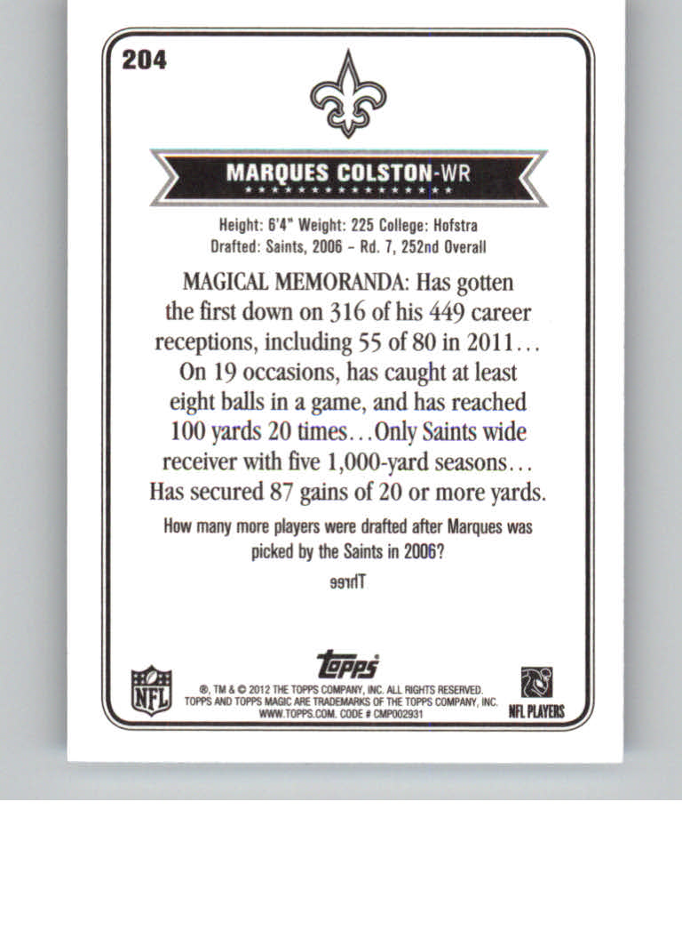 2012 Topps Magic Mini #204 Marques Colston back image