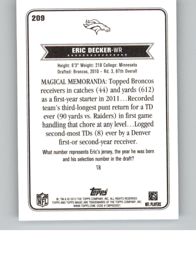 2012 Topps Magic Mini #209 Eric Decker back image