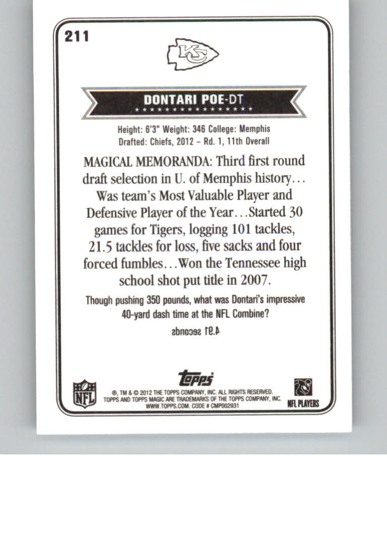 2012 Topps Magic Mini #211 Dontari Poe back image