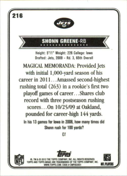 2012 Topps Magic Mini #216 Shonn Greene back image
