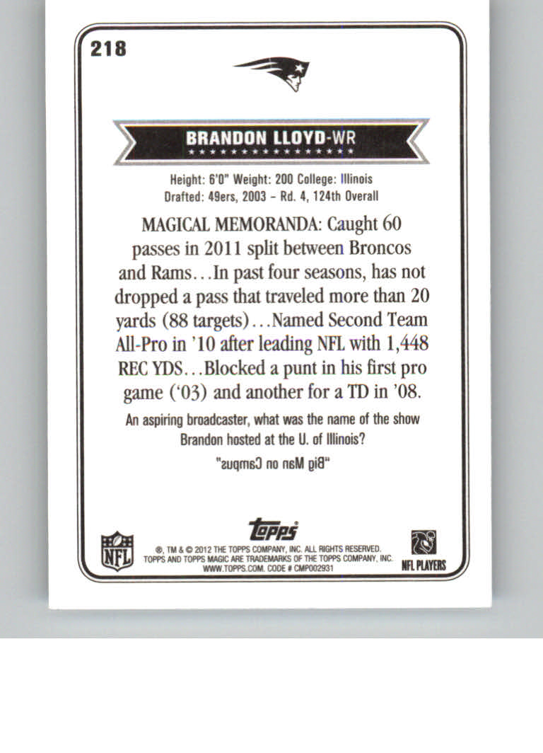 2012 Topps Magic Mini #218 Brandon Lloyd back image