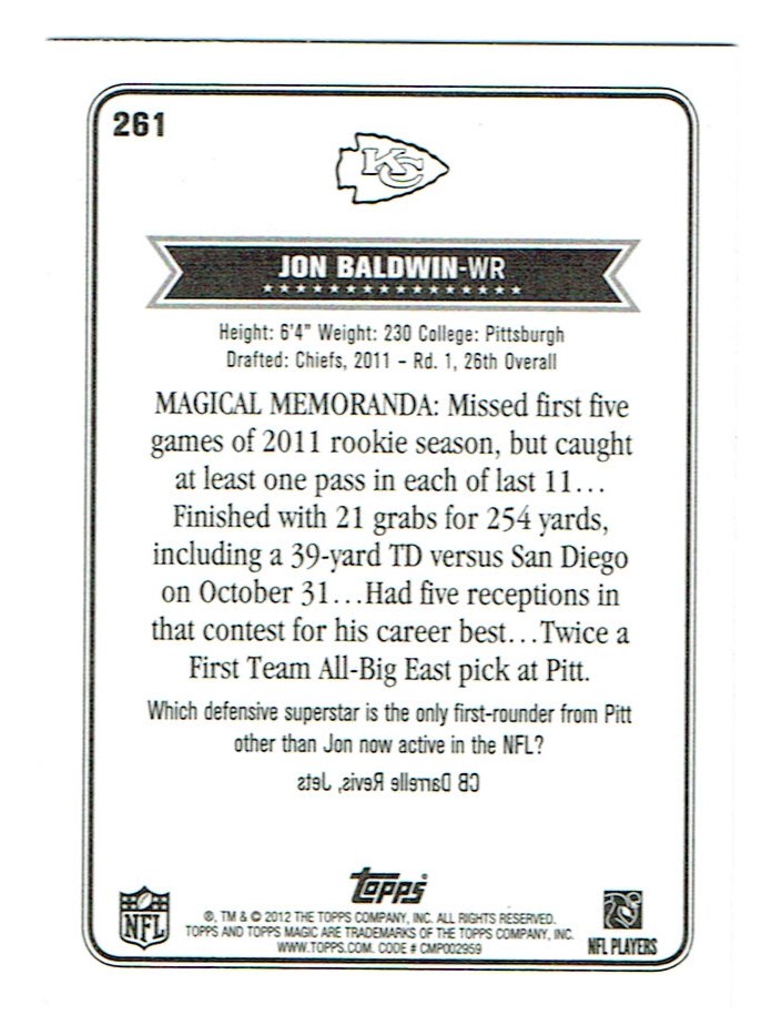 2012 Topps Magic Mini #261 Jon Baldwin back image