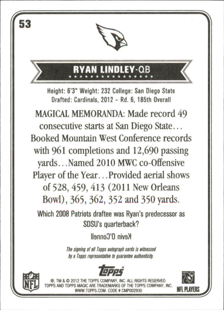2012 Topps Magic Autographs #53 Ryan Lindley back image