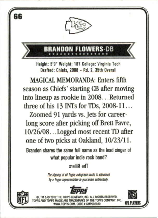 2012 Topps Magic Autographs #66 Brandon Flowers back image