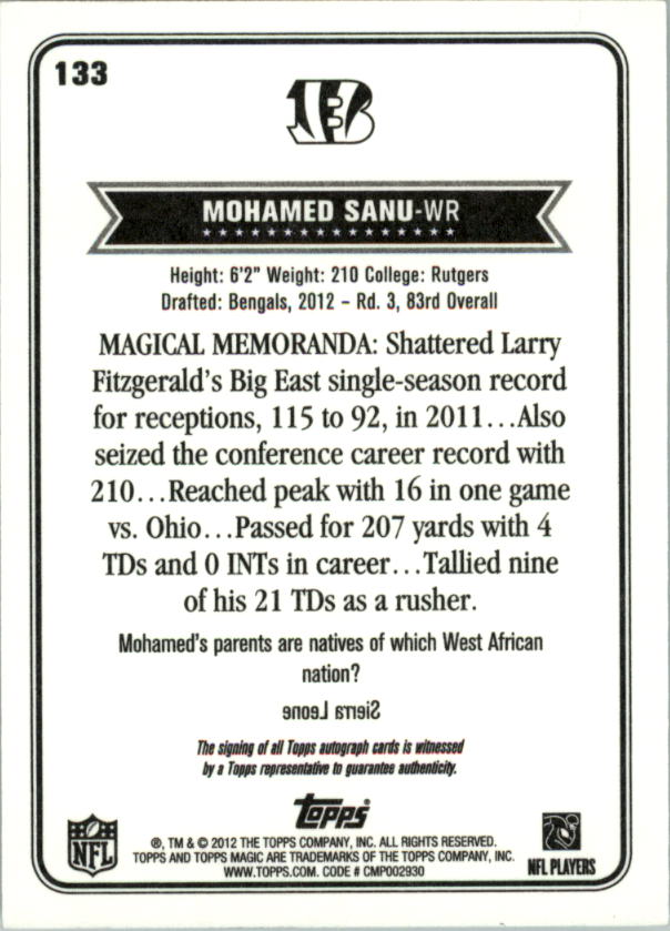 2012 Topps Magic Autographs #133 Mohamed Sanu back image