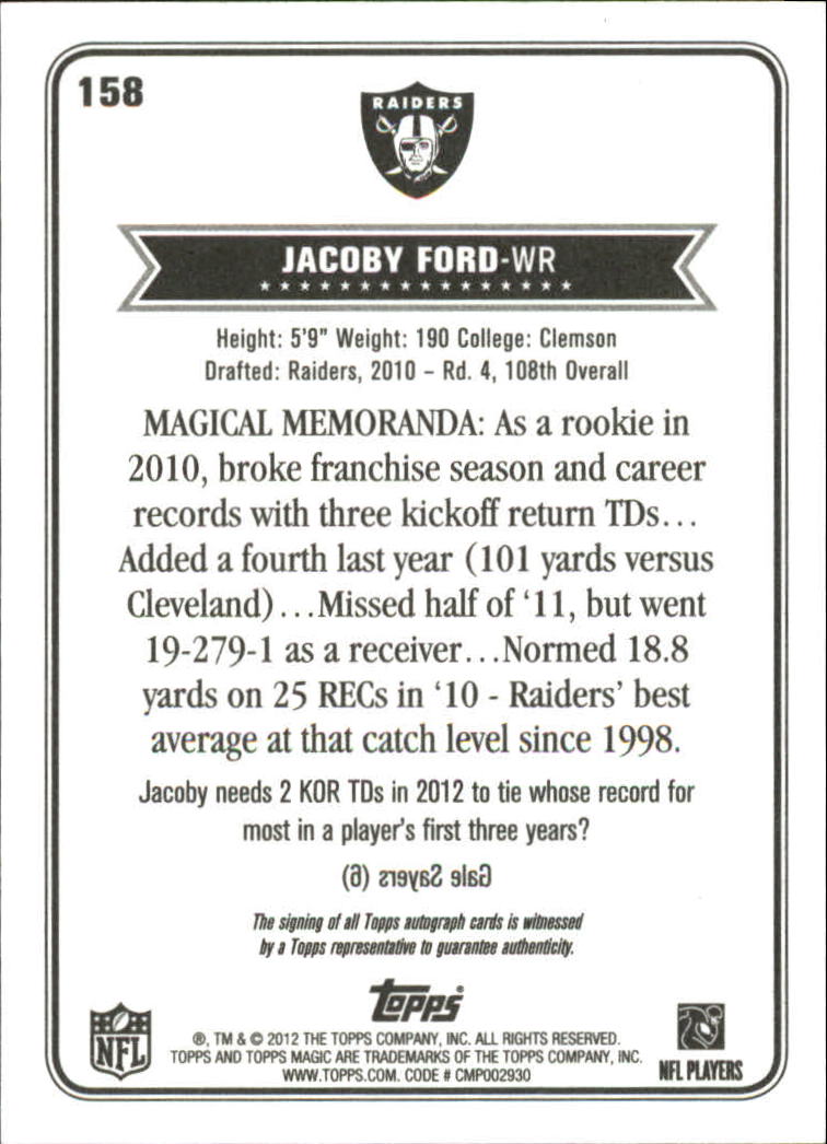 2012 Topps Magic Autographs #158 Jacoby Ford back image