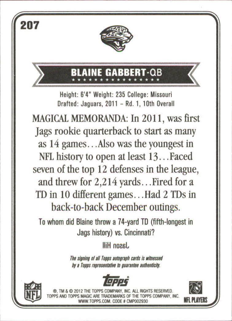 2012 Topps Magic Autographs #207 Blaine Gabbert back image