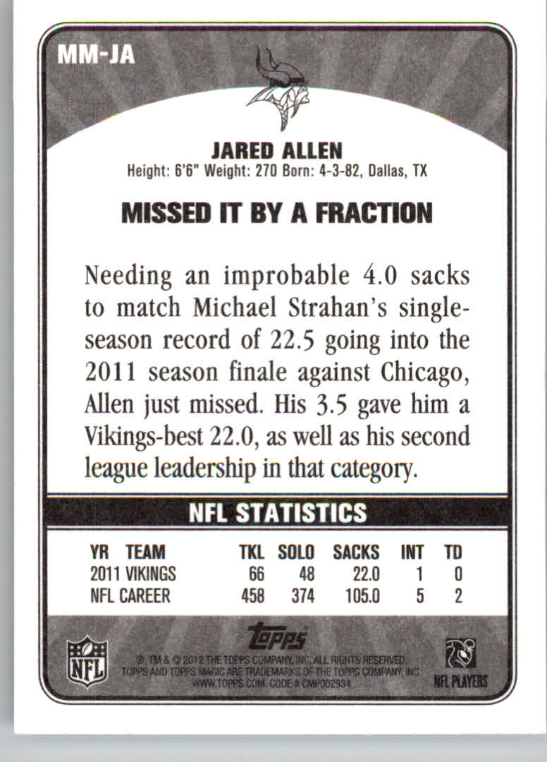 2012 Topps Magic Magical Moments #MMJA Jared Allen back image