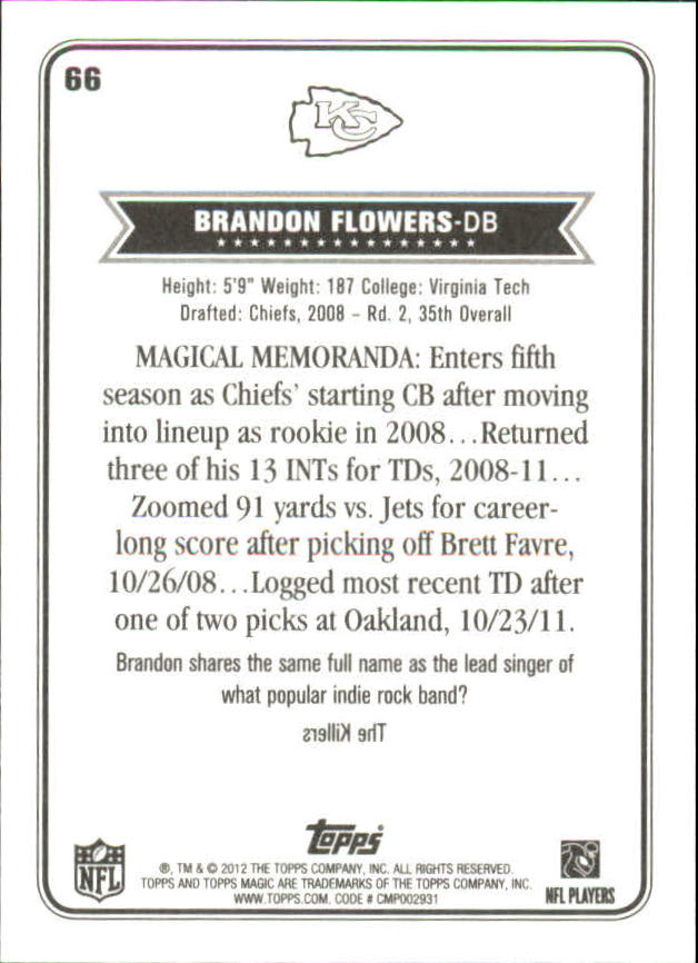 2012 Topps Magic Mini Blue Border #66 Brandon Flowers back image