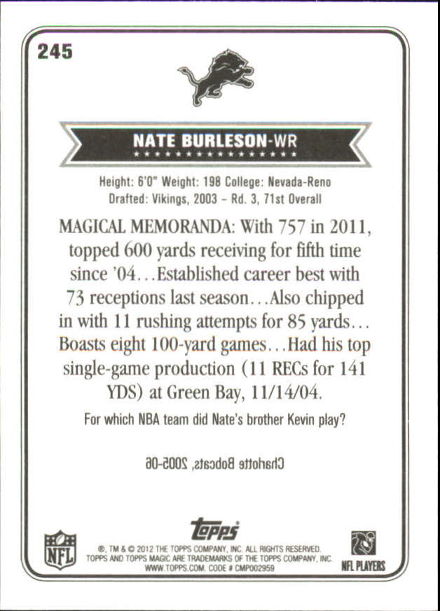 2012 Topps Magic Mini Blue Border #245 Nate Burleson back image